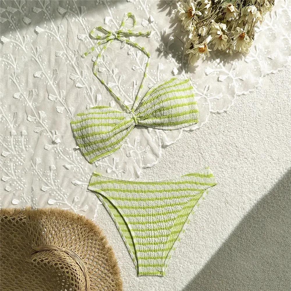 

Striped Print String Halter Bandeau Bikinis Sets 2026 Sexy Swimsuit Women Ruched Swimwear Bathing Suit Brazilian Bikini Mujer L світло-зелений колір