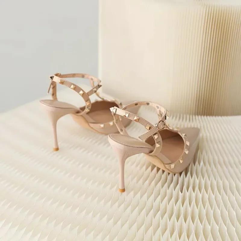 Fashion 2025Women's Summer Baotong Sandals Pointed Head Shallow Mouth Rivets with A Line with Anti-slip Wear-resistant High Heels