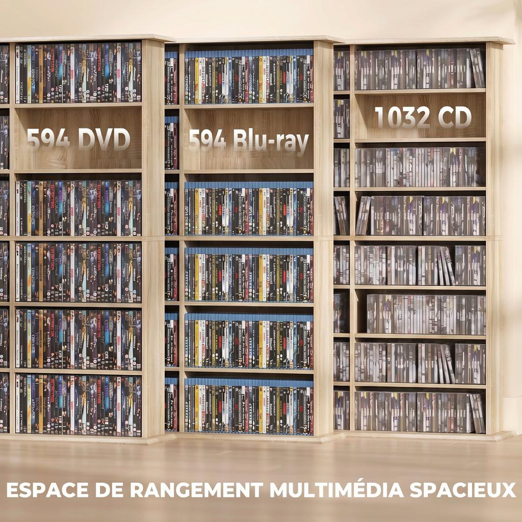 CD/DVD Storage Unit, 1032 CDs / 594 DVDs, 24 Compartments, 18 Adjustable Shelves, Oak