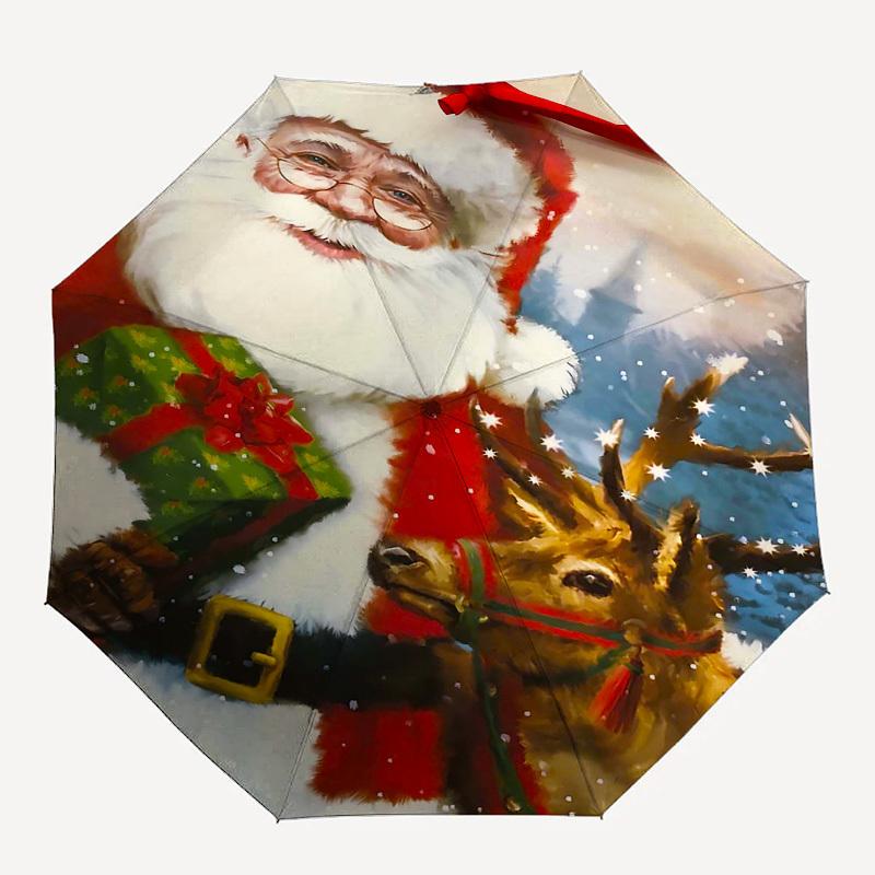 1pc Christmas Santa Claus Reindeer Automatic Folding Umbrella, Portable 3-Fold Design with Red Bow, Festive Gift for Fans, Travelers, Daily Use.X081