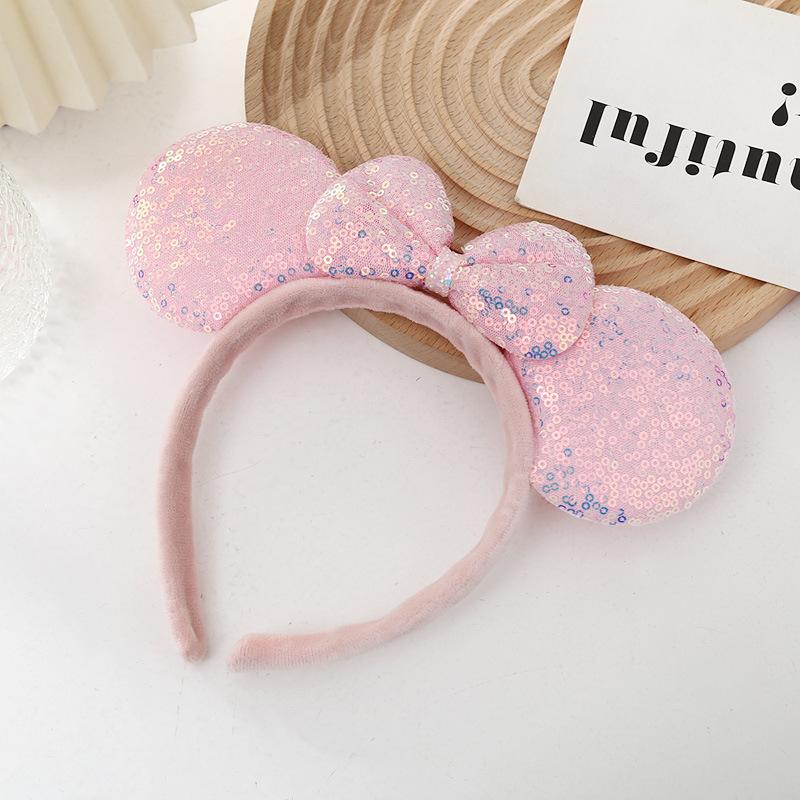 Sequin Plastic Mouse Ear Hoop Handmade Cute Pink Bow Fashion Headband for Kids Amusement Park Photo Headdress