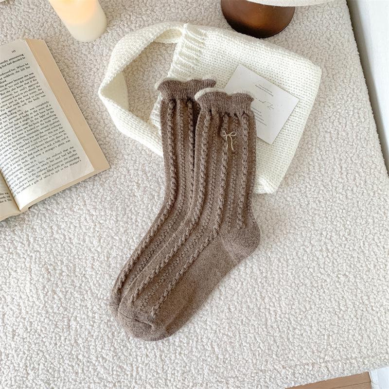 Women's Wool Socks: New Autumn & Winter Style, Lace Bow Embroidery, Fleece-Lined, Thick Knit, Warm Mid-Calf Socks