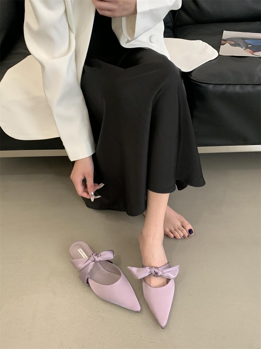 

Grape mother, the same spring 2025 new pointed head thick heel bow thick bottom one pedal bag head short heel half drag woman 40 светло-фиолетовый