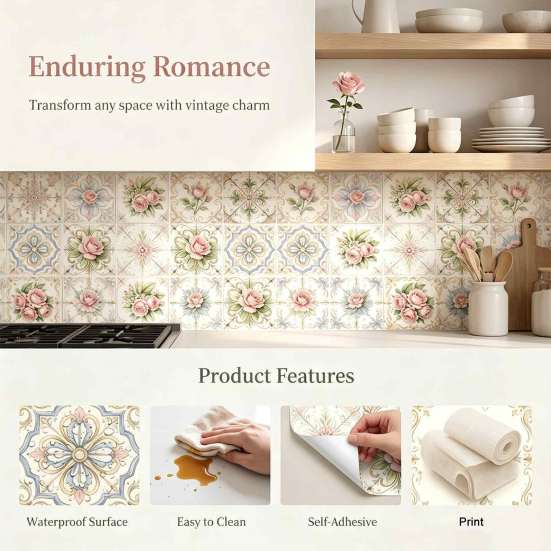 Kitchen Bathroom Wall Stickers 3Pcs 2D Retro Floral Tile Stickers, Self-Adhesive Waterproof Oil Proof Water Resistant Covers Decals, Peel &