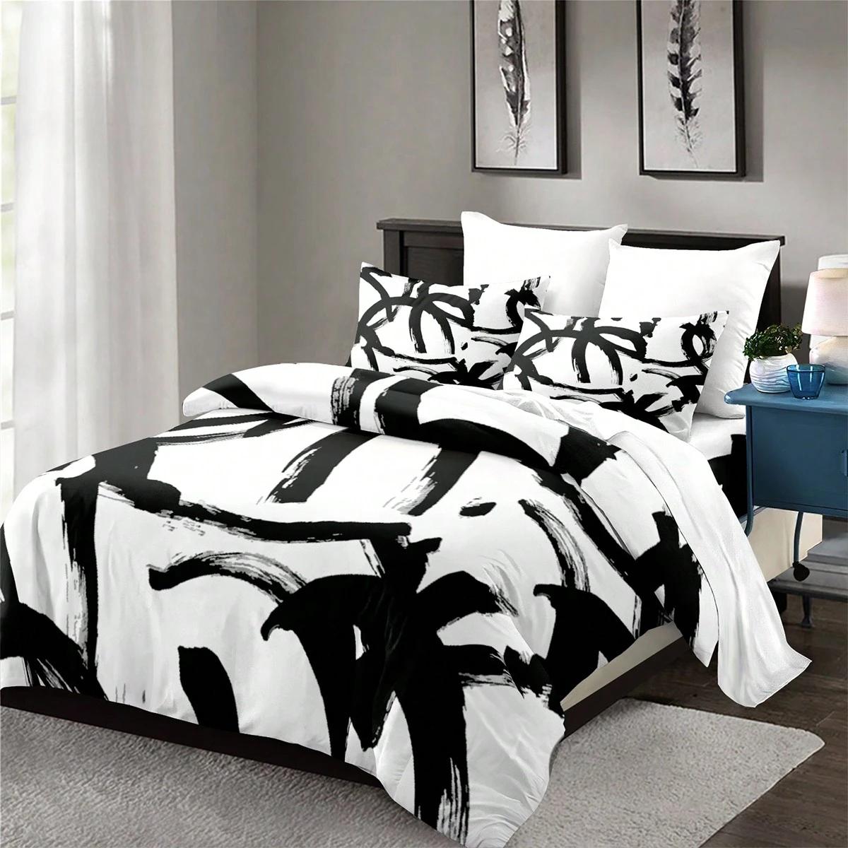 Grosstor Unisex Black/White 3Pcs Geometric Pattern And Duvet Cover Abstract Style Bedding Set Comforter Not Included Single Twin Full Size