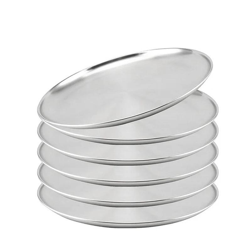 6Pcs Stainless Steels Round Plate Rust-Proof Shallow Tray Plate 14-30cm Camping Silver Camping Plate BBQ Picnic Dishes Cookware