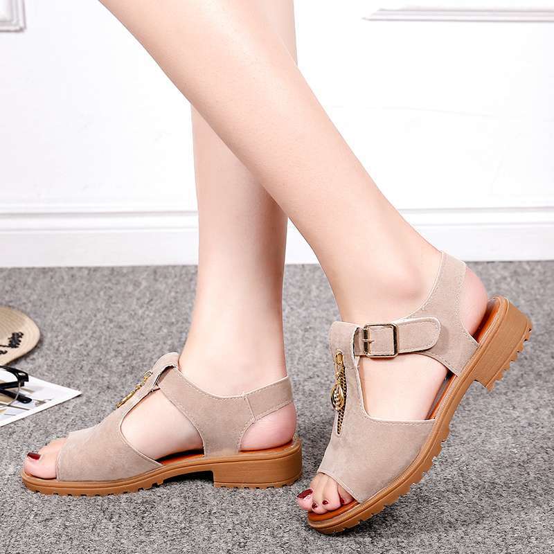Sandalen Damen Sommer neu Koreanische Version Student Sandalen mit dickem Absatz Zehenfrei einfarbige Schuhe mit Reißverschluss flache Sandalen Damen san