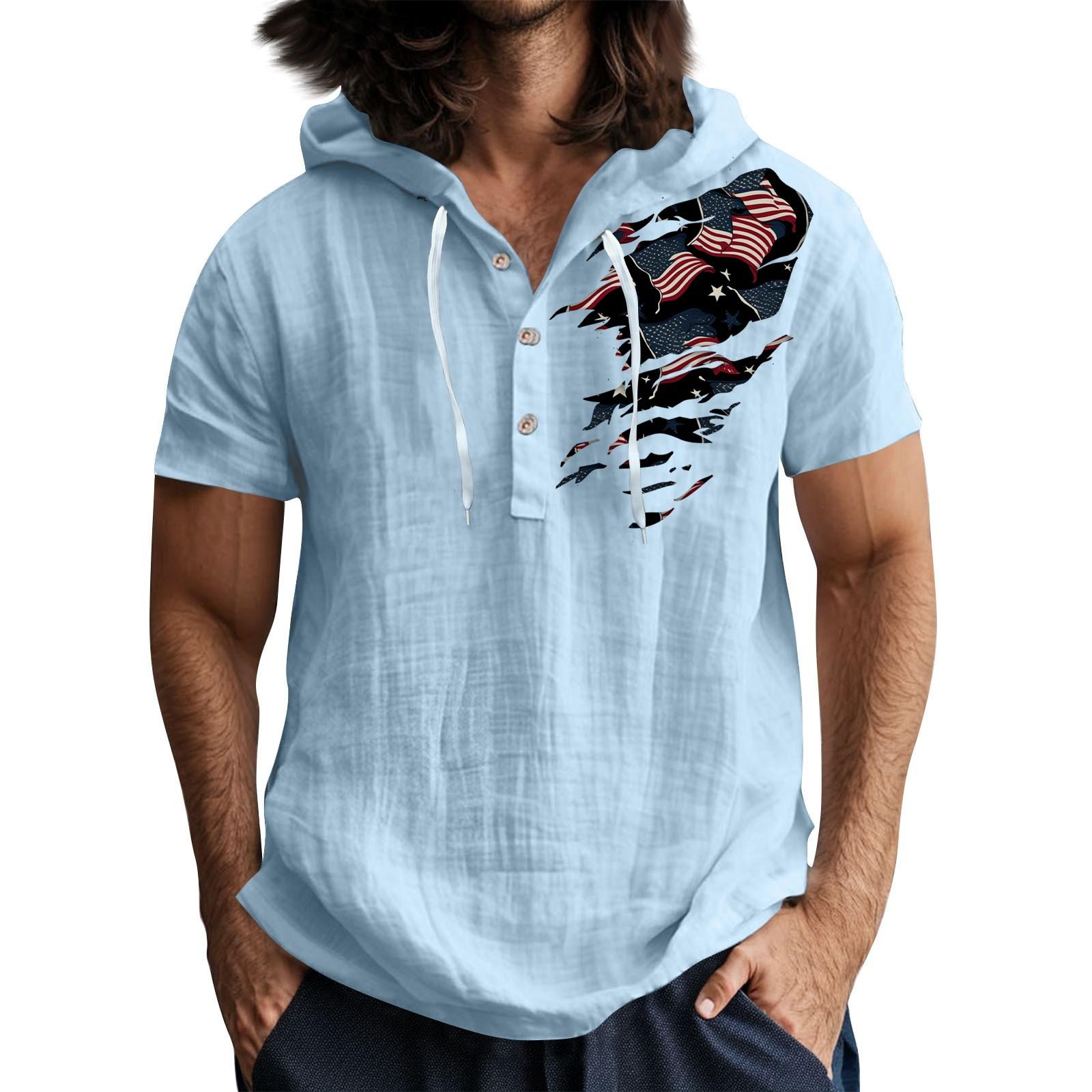 

Чоловіча повсякденна футболка з короткими рукавами та капюшоном, застібнута на ґудзики, з відкритим коміром XL