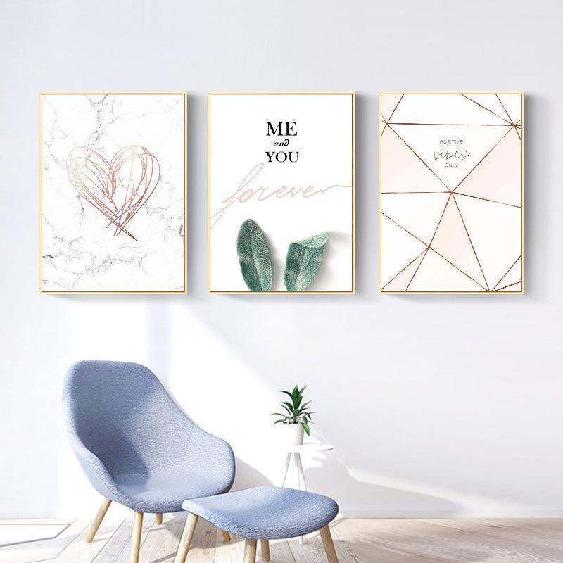 Love Poster Wall Art Pink Gold Lip Green Plant Canvas Painting Geometric Lines Picture For Bedroom Modern Home Cuadros Decor