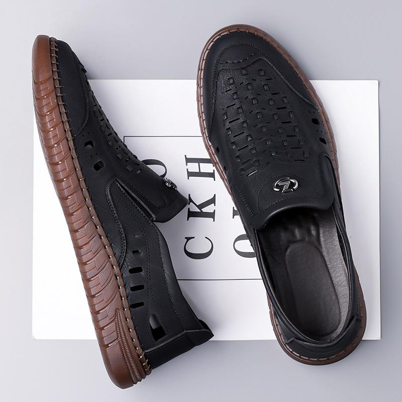 Fashion Summer New Designer Hallow Leather Shoes for Men Fashion Casual Solid Color Sandals Male Breathable Big Size Driving Shoes Man