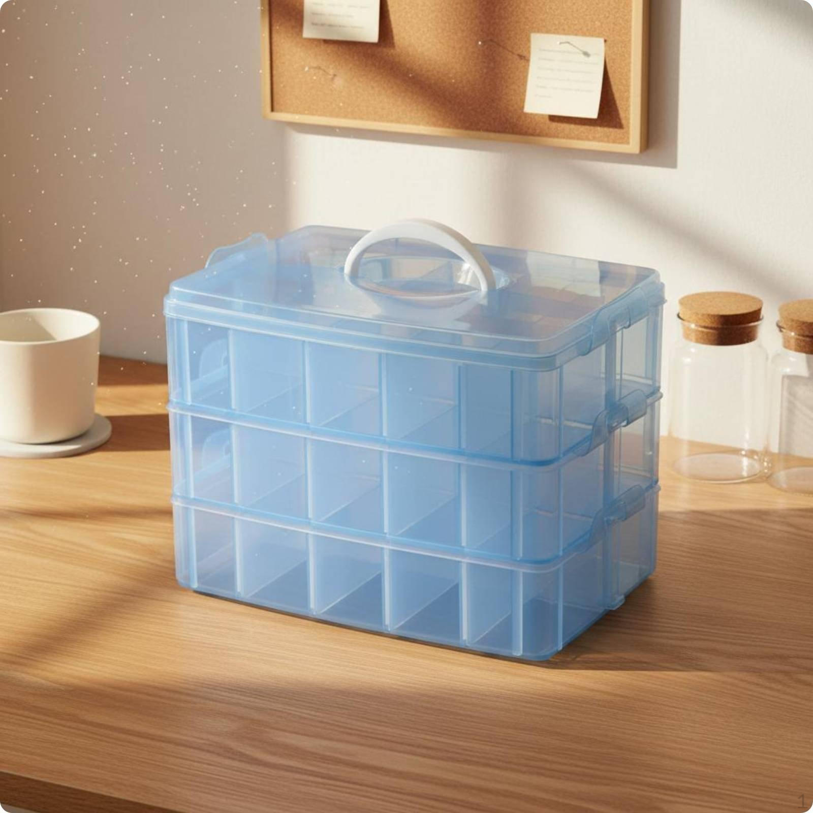 3Layer Storage Box with Dividers Transparent Organizer Removable Trays Portable Craft синий