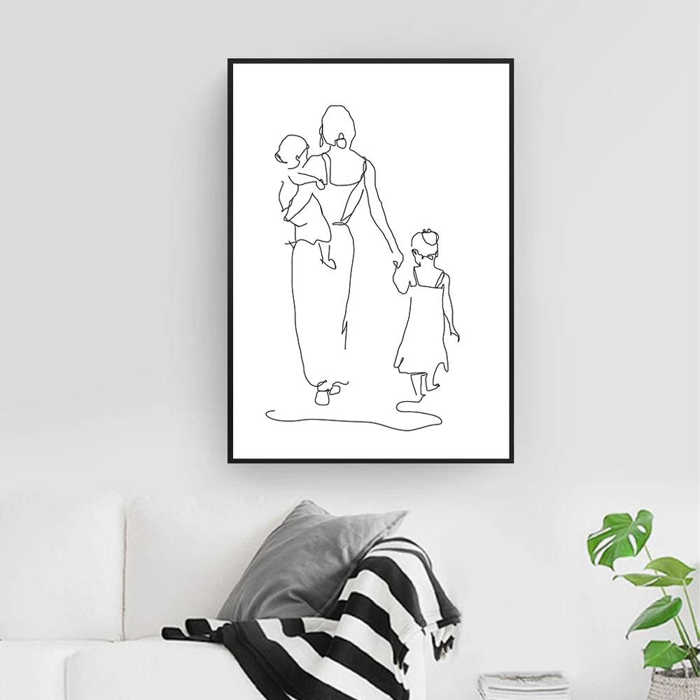 Mother and Daughters Son Art Line Drawing Posters Abstract Minimalist Wall Art Canvas Print Painting Moder Decorative Pictures
