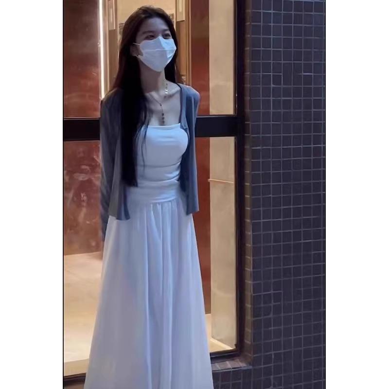 

Женский летний кардиган серого цвета в корейском стиле, вязаный, с майкой, шикарный топ-накидка с длинным рукавом M