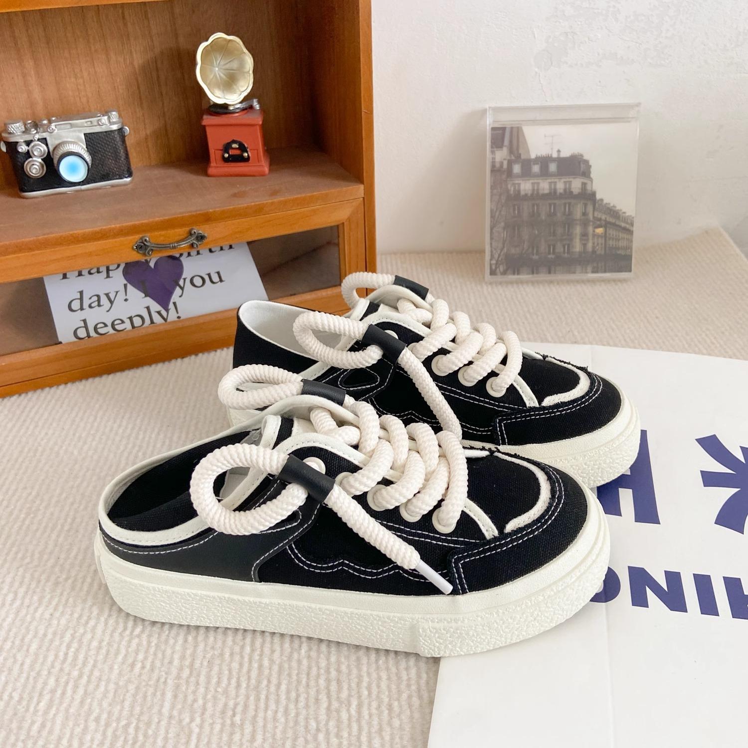 

Niche trendy brand autumn thin canvas shoes female ins lazy one pedal half support two wear white shoes versatile board shoes 41