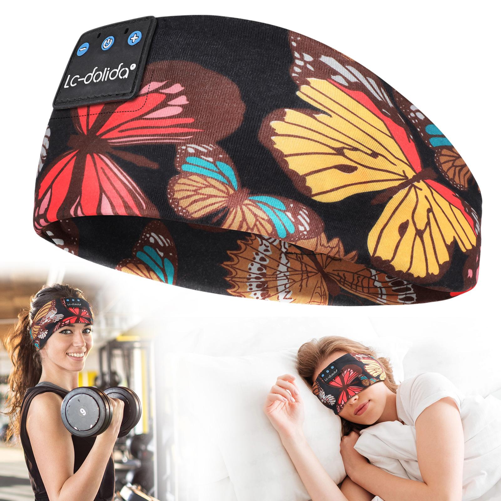 Многофункциональный спортивный платок-бандана Bluetooth 5.4, Повязка на голову для фитнеса, отводящая пот, Повязка на голову для бега с музыкой, Маска для сна Butterfly black чёрный