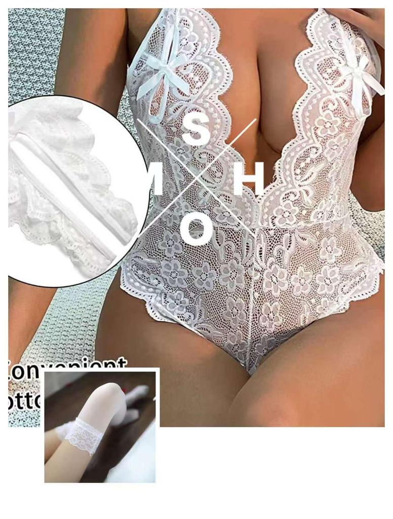 European & American Plus Size Open Crotch Lace Bodysuit - Sexy Backless Lingerie Pajamas