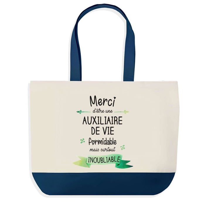 Tote bag - PLANETEE - Sac shopping fond bleu Merci Auxiliaire de Vie Inoubliable - Coton - 40 x 45 cm - Sans fermeture