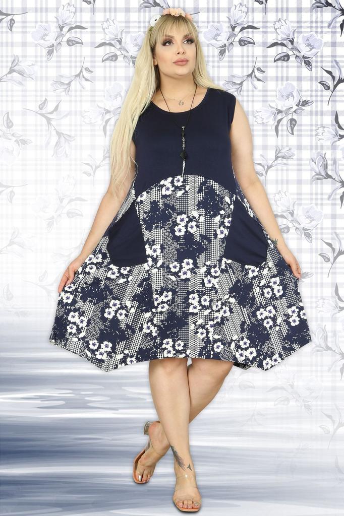 Women's Big Size Dress Plaid Floral Patterned Asymmetrical Cut Below Knee Sleeveless Viscose Dress