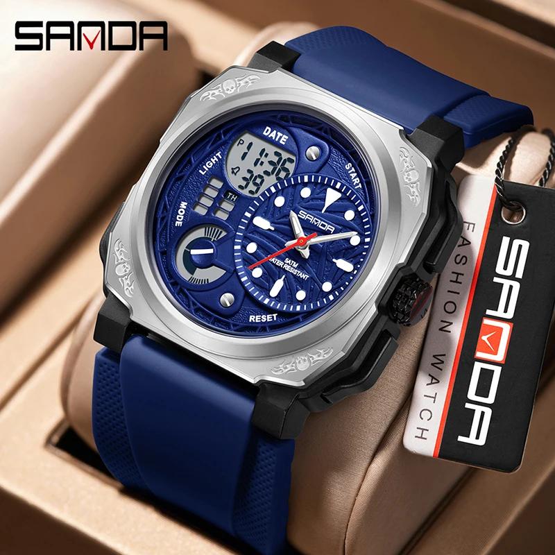 SANDA Neue quadratische Sport Herrenuhr Outdoor LED Elektronischer Stoppuhr Wecker Dual Display Multifunktions Herren Quarzuhr