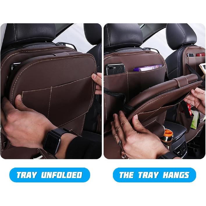 Car Seat Back Organizer, Leather Vehicle Seatback Storage Pocket With Foldable Table Tray, Multifunctional Automotive Backseat Protectors Kick Mats