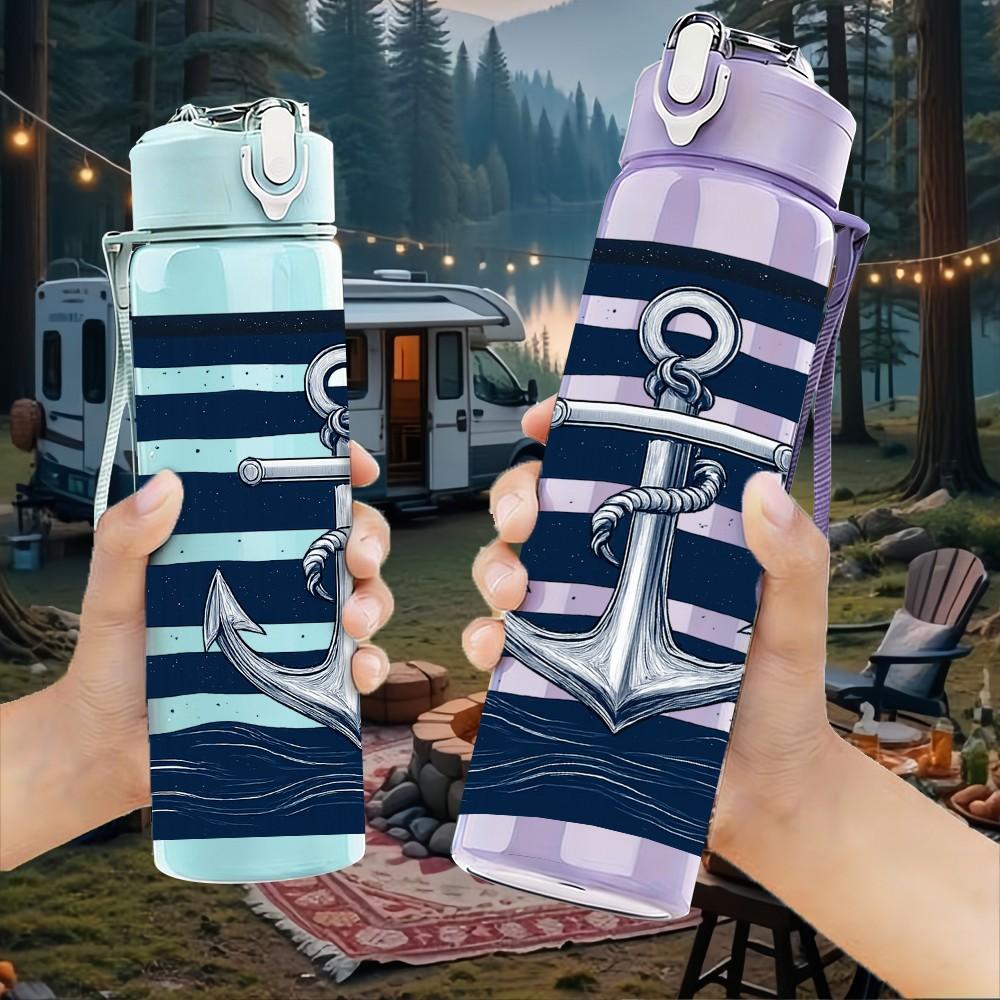 1PC Navy Stripe Anchor Nautical Print 750ml Color Plastic Sports Water Bottle Leakproof Flip Straw Lid Suitable for Sports Office Home Use