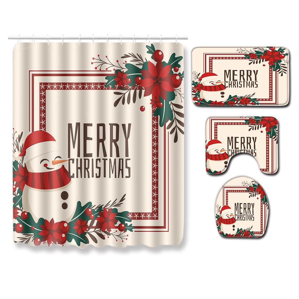 Christmas Toilet Seat Shower Curtain Four-Piece Printed Floor Mat Set Bathroom Floor Mat Bedroom Absorbent Door Mat Carpet