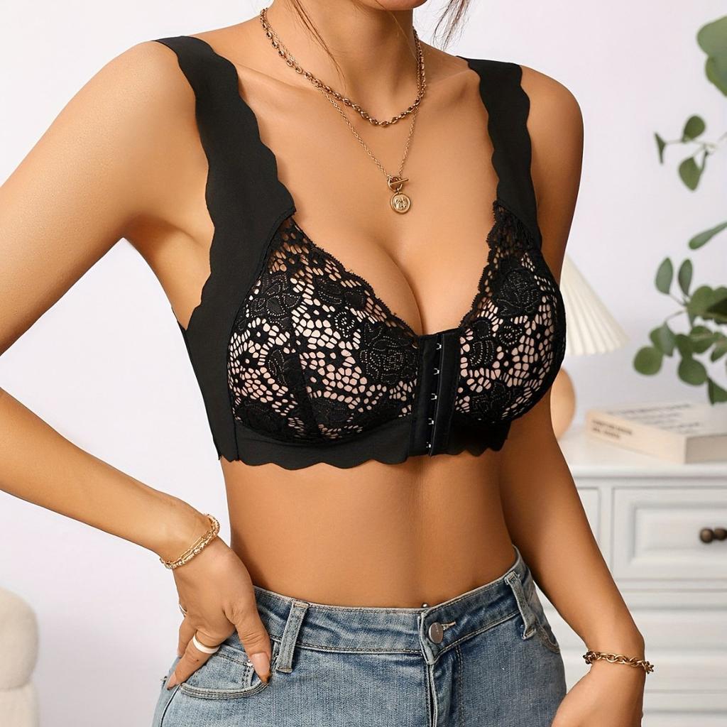 Sexy Lace Bra Women's Underwear Seamless Ice Silk Thin Cup Bralette Front Buckle Push Up Brassiere Plus Size Intimates Tops
