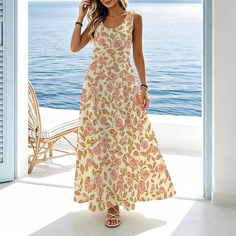 Women's Fresh Floral Sleeveless Maxi Dress,Lightweight Flowy,Versatile for Beach Vacation Daily Casual Wear