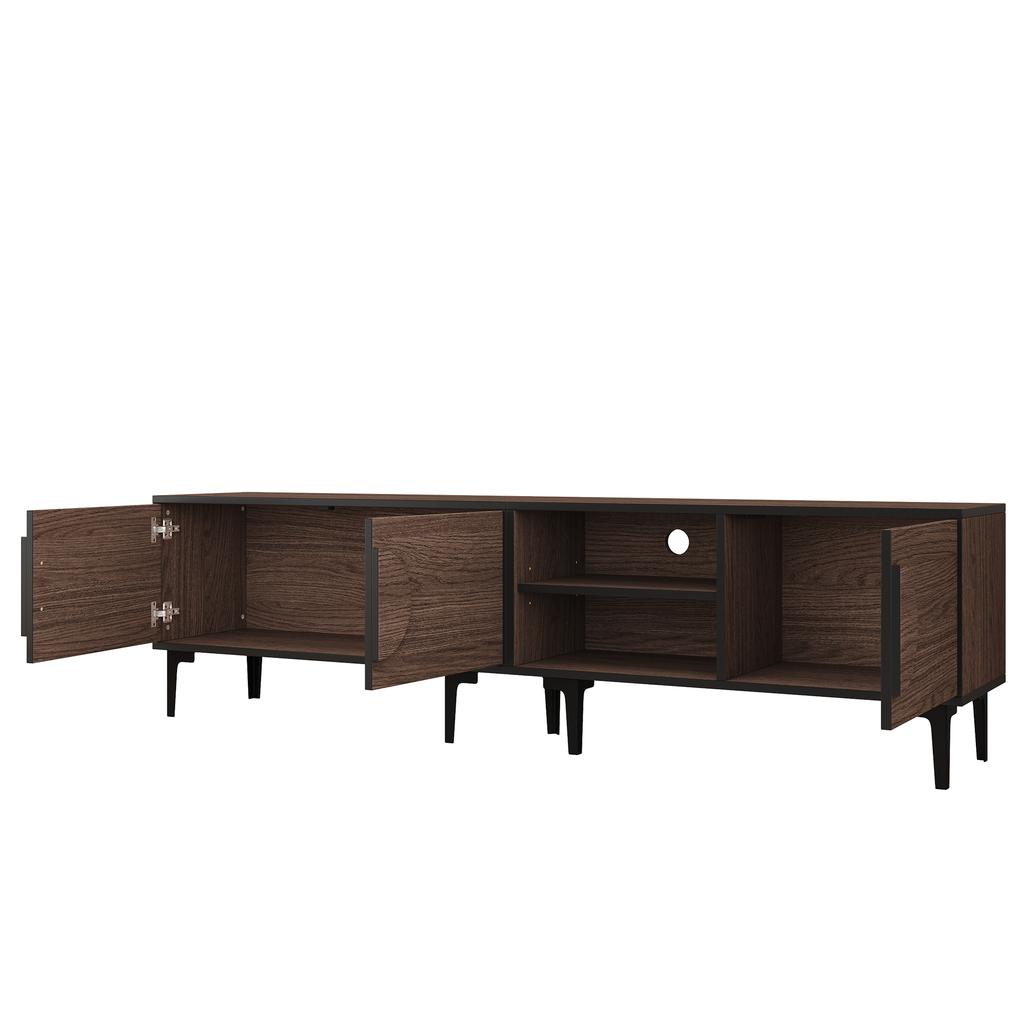 180*35*49cm Lowboard TV Cabinet with 2 Cabinets, TV Board with Open Storage Compartments, Dark Walnut Colored, Suitable for 80 Inch TVs