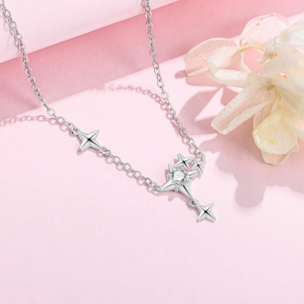 925 Silver Sparkling Star Tassel Necklace Pendant Women Birthday Wedding Anniversary Gifts Jewelry