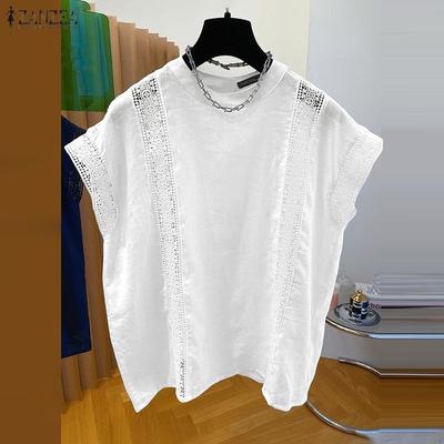 Women Summer Casual Round Neck Sleeveless Lace Crochet Patchwork Tank Tops
