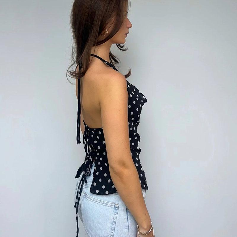 Women’s Halter Top – Polka Dot Print Sleeveless V Neck Cami Shirt with Front Twist Detail, Casual Summer Going Out Blouse