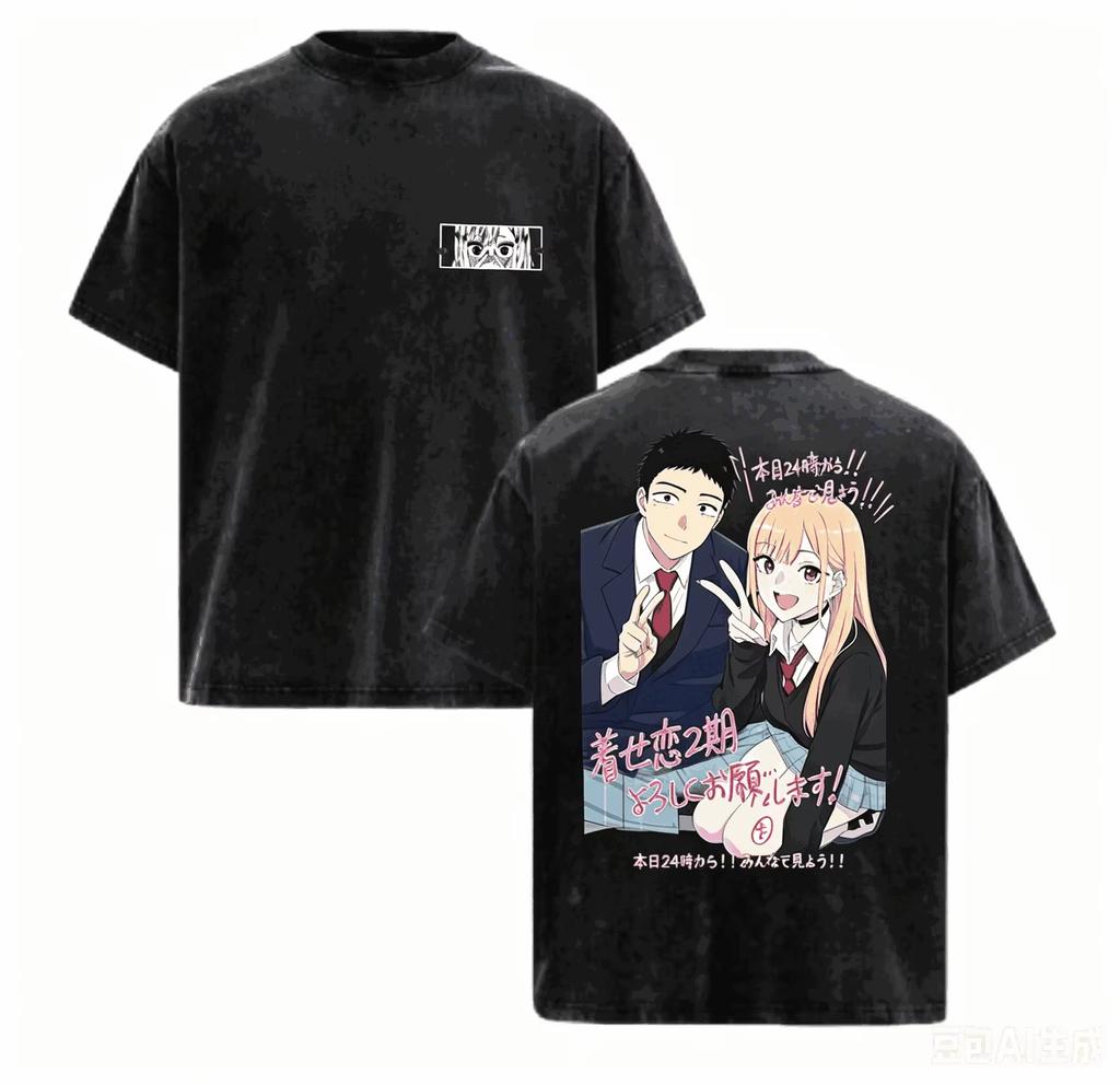 2026 My Dress-Up Darling Marin Kitagawa Double-Sided Printed Black Washed Loose Pure Cotton Casual Street Style Fan T-shirt