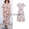 Spring and Summer Women's Clothing Retro Style V Neck Curling Short Sleeve Opening Design Print Poplin Dress 2877208