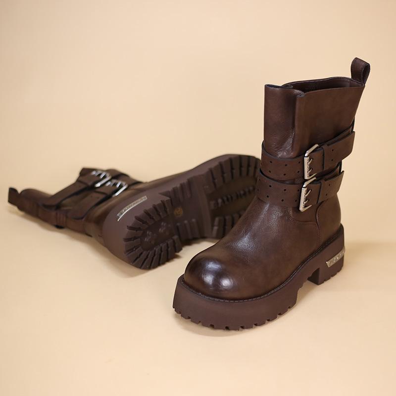 2025 Dámské podzimní/zimní boty Martin v britském stylu: Kotníkové boty na silné podrážce, s kulatou špičkou a zeštíhlující přezkou v pase