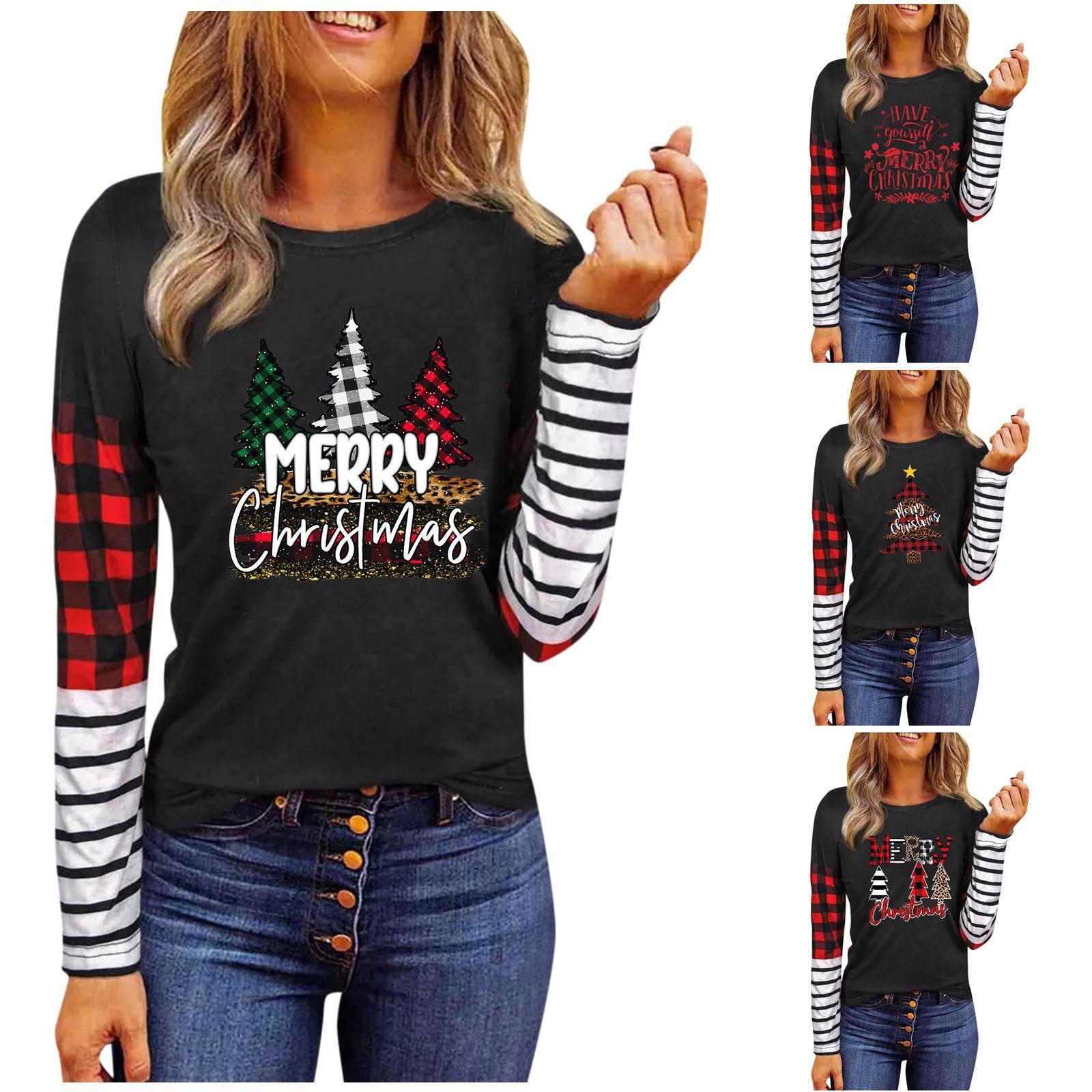 

Women s Fashion Leisure Christmas Print Round Neck Long Sleeve Plaid Top Blouse