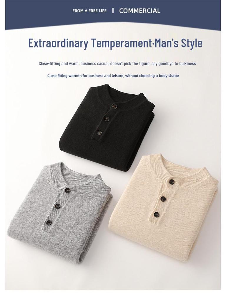 Herren Winterwolle Henley Pullover - Dick gestrickter Pullover für Herbst & Winter