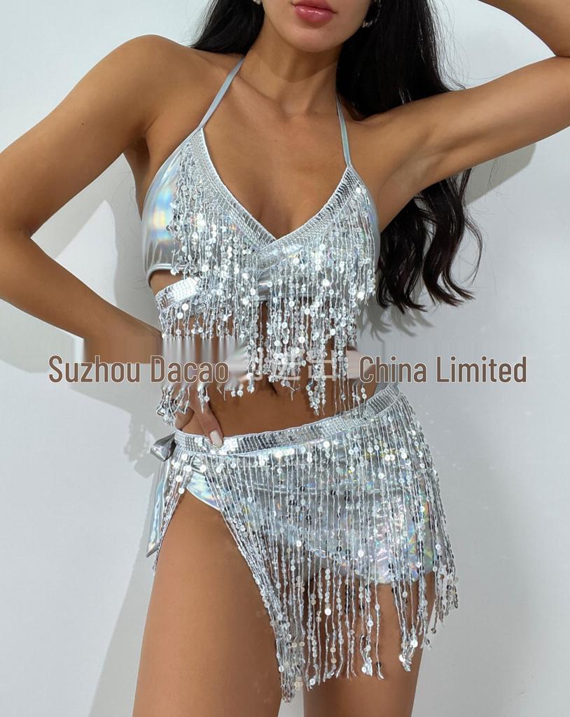 2024 Electric Music Festival Glitter Tassel Swimsuit: Sexy Three-Piece Set for Women.