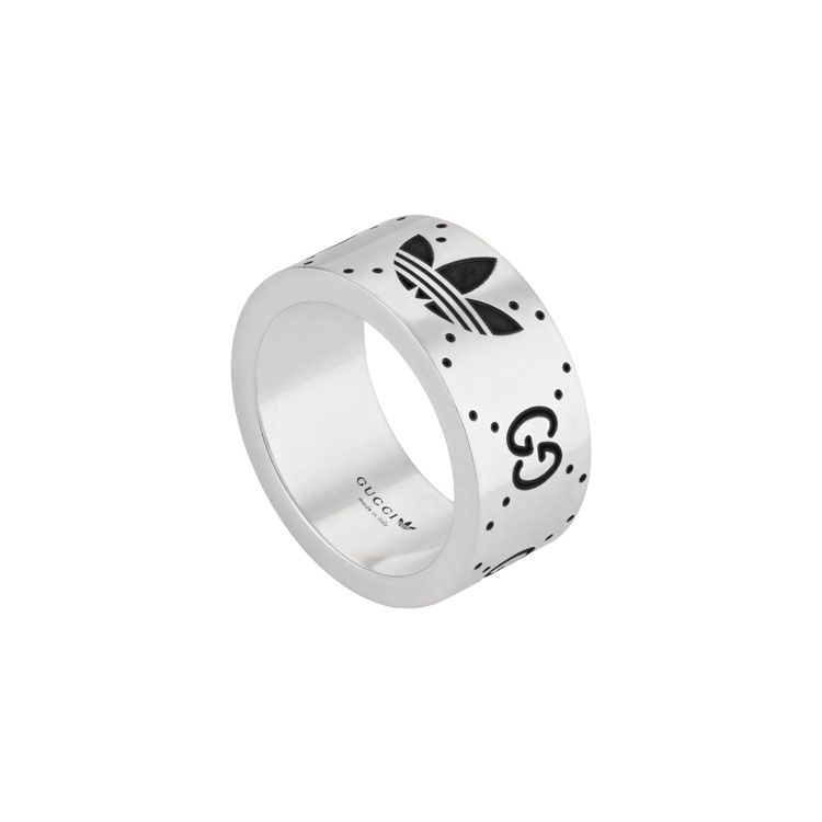 Gucci Anillo de Plata de Ley 925 Brillante Estilo Vintage Logo Edición Limitada Colaboración Adidas X Anillos Unisex 702766-J8400-0728