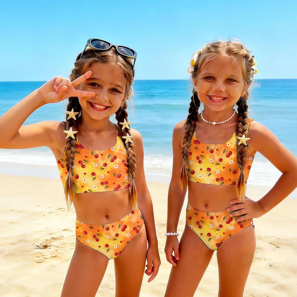 Girls Two Piece Swimsuit Set Tankini Top and High Waist Bottoms Fruit Print Summer Swimwear for Kids Comfortable Fit