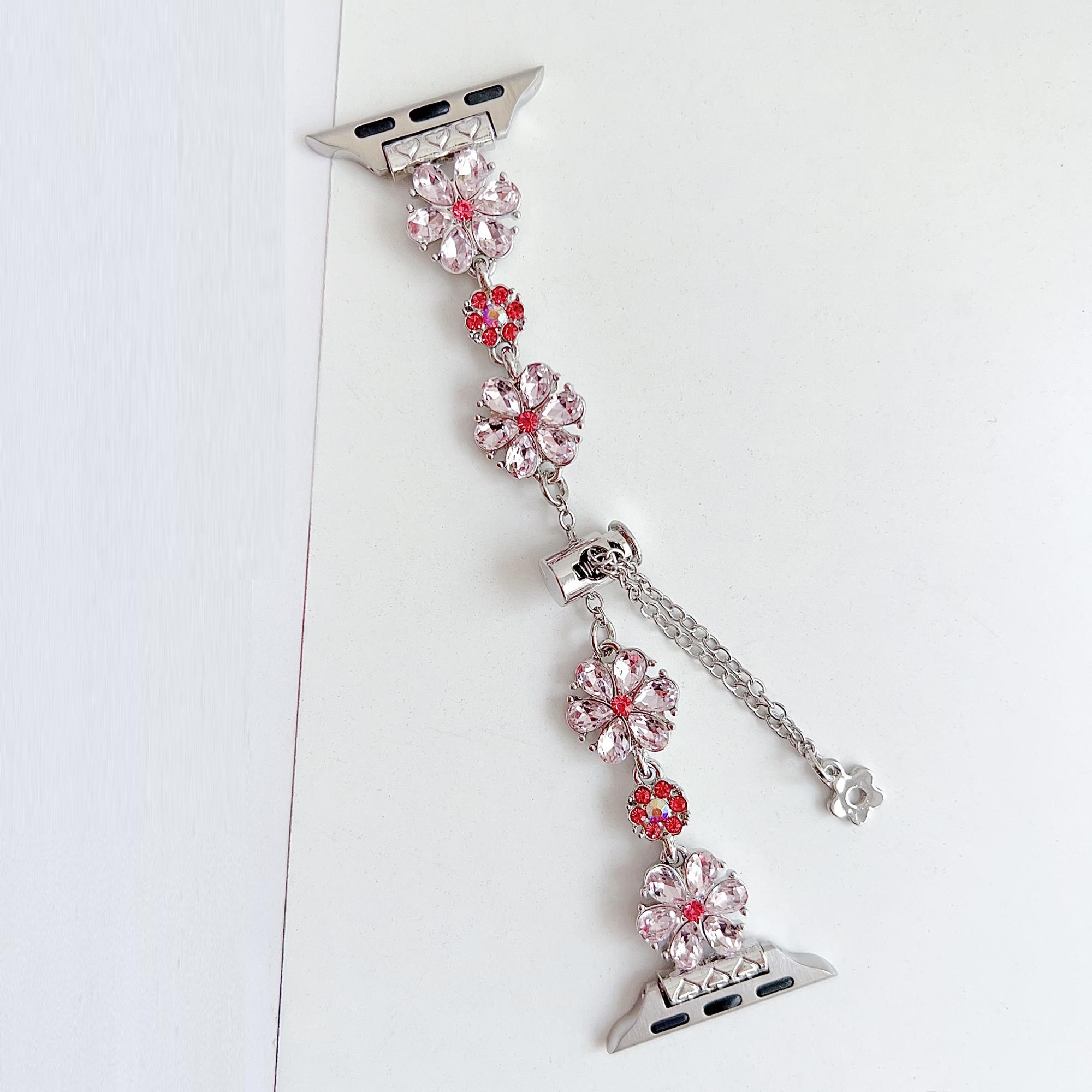 

Jewelry Flower Watch Strap for Apple Watch Band 49 46 45 44 42 41 40 38mm Adjustable Women Dressy Bracelet for iWatch S11 10 9 8 iwatch S1S2S3 42mm срібні рожевого кольору