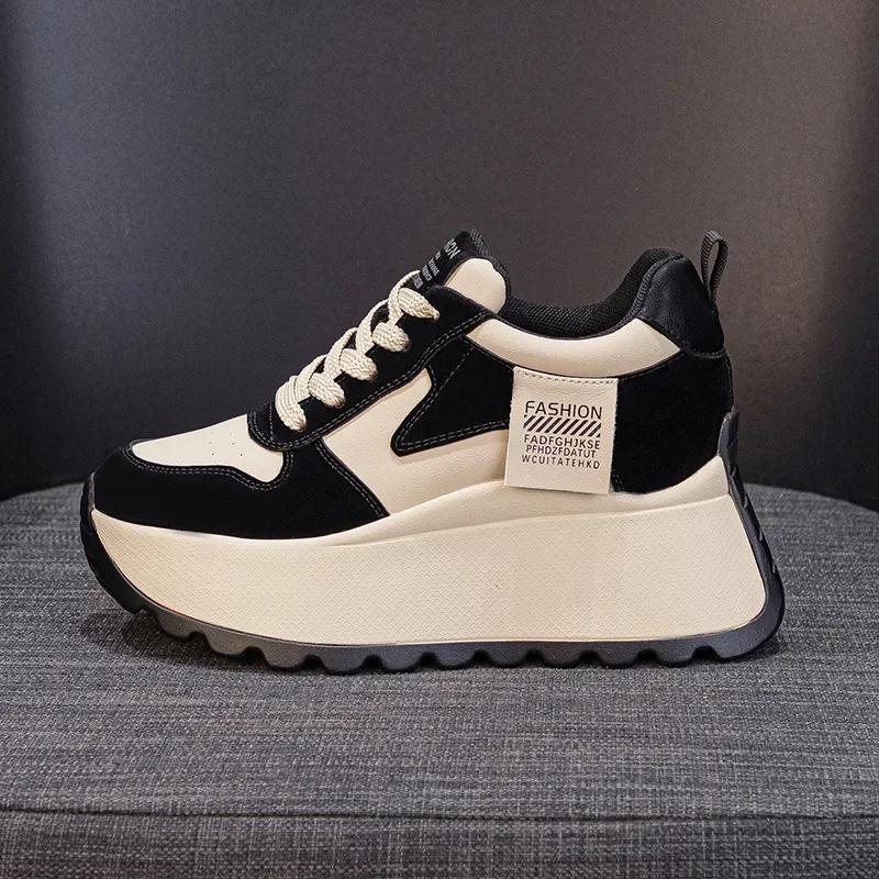 Fashion Top quality 8cm Genuine Leather Platform Wedge Women Spring Autumn Chunky Sneakers Shoes Breathable Comfortable Vulcanize boots