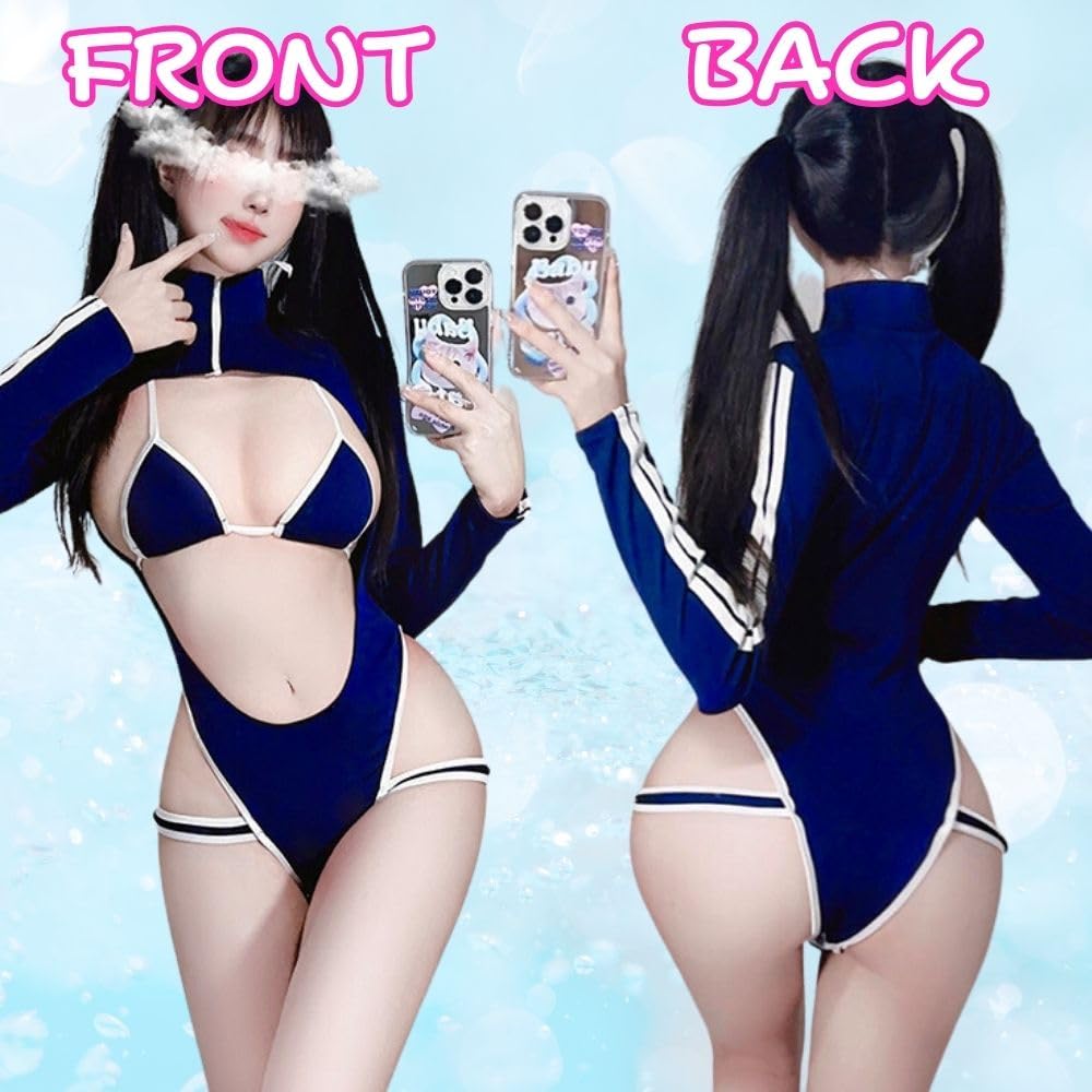 School Swimsuit Cosplay Sexy Bikini Lingerie Sports Open Chest Swimsuit Long Sleeve High Leg Leotard 2 Piece Set Open Crotch Gym Clothes Gym Clothes