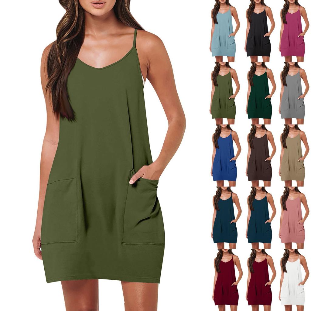 Women's Summer Casual Straps Sundress With Pockets Short Beach Vacation Tank Dresses