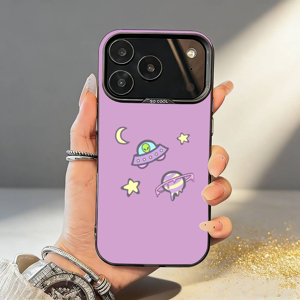 Cartoon S-Space A-Alien UFO Phone Case For iPhone17,16,15,14,13,12,11,Pro,MAX Gray Matte Silicone Black Cover