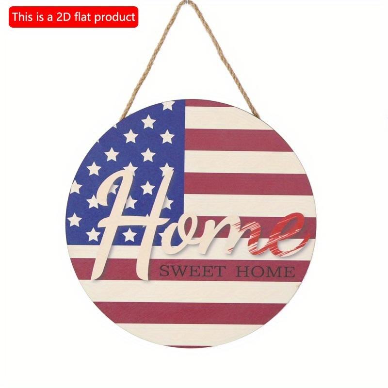 2D Flat 20*20cm 1pc Sweet Home USA Flag Theme Independence Day Wooden Door Sign Pendant, Good Quality Layout Home Decoration American Flag Placard