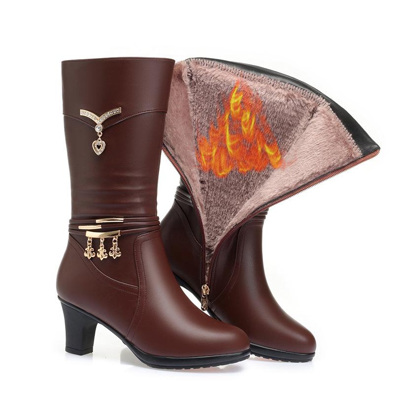 Women Comfortable Fleece Medium Boots Autumn Winter New Style Thick Heel Side Zipper Pointed Fashion High Heels Boots Elegant