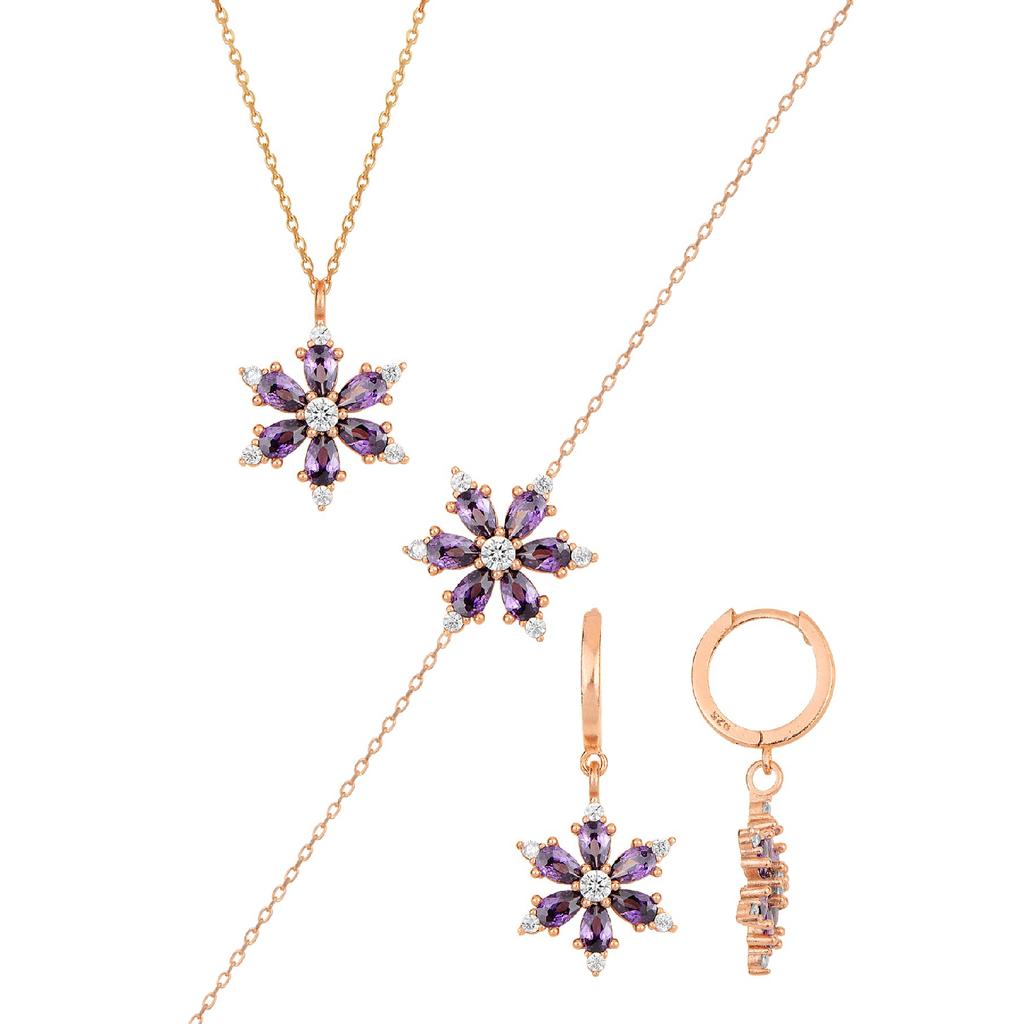 Lanț din argint 925 pentru femei, placat cu trandafiri, ametist, piatră, piatră de lotus, camelie, floare, set triplu