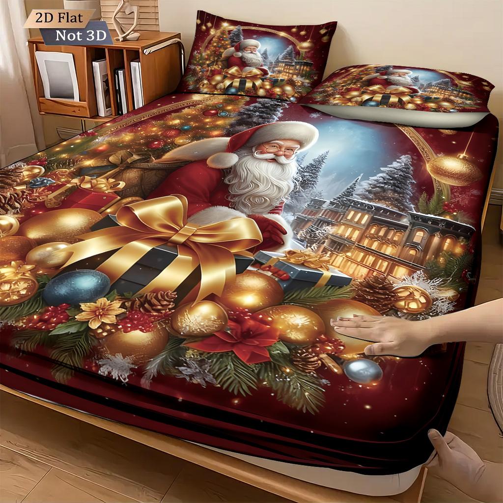 3pcs Merry ChristmasSanta Claus Print Coreless Bedsheet Set Various Sizes Bed Covers Bedroom Bedding Holiday Decorations
