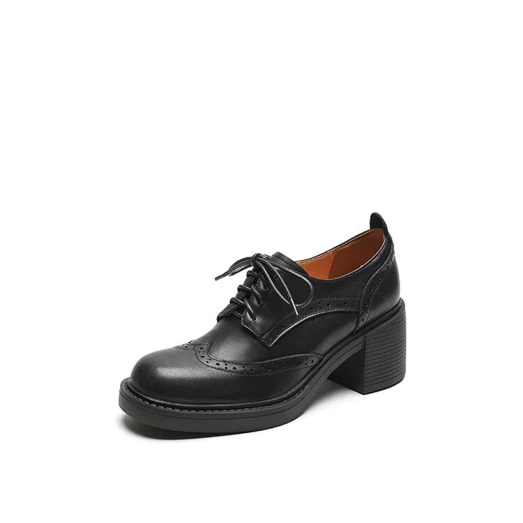 Fashion NEW Spring Women Loafers Genuine Leather Shoes Round Toe Square Heel Women Shoes Casual Lace-up Women Pumps Carving Oxford Shoes